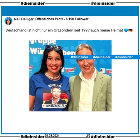 Auf Slide 2 zeigen wir ein Bild von Neli Heiliger, die ca. 6.190 Follower hat, gemeinsam mit Alice Weidel und das Intro in ihrem Profil 