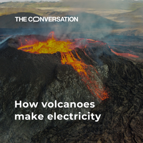 An active volcano in the background shows lava overflowing from its very top. The graphic reads 