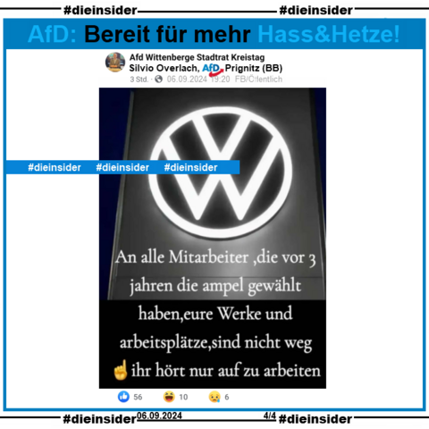 Silvio Overlach, AfD Prignitz postet am 06.09.2024 ein Sharepic mit dem VW-Logo und 