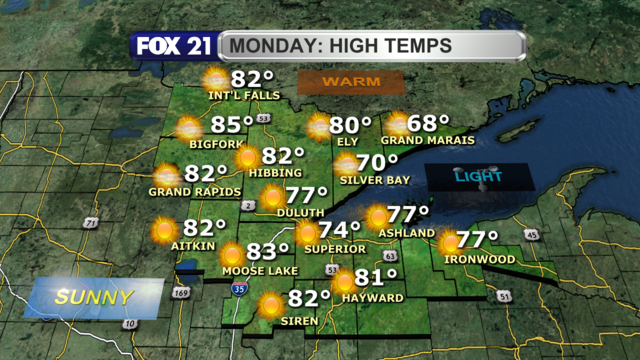 A high-pressure system will keep skies clear of nearly all cloud cover in the Northland Monday.  Light winds will help warm temperatures to the upper 70s and low 80s for highs, but a lake breeze will keep Lake Superior communities in the upper 60s and low 70s.