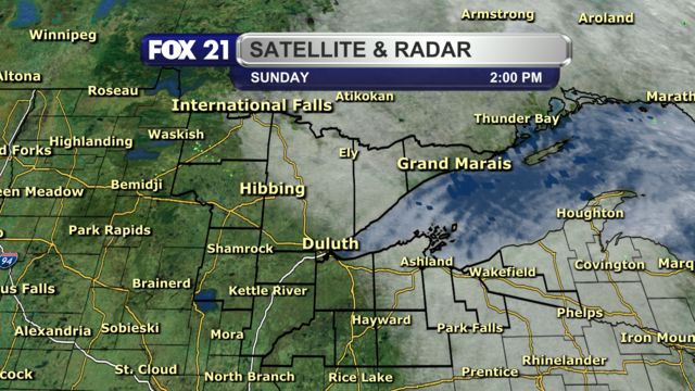 The satellite and radar over the Northland at 2 p.m. on Sunday, October 6, 2024, shows clearing skies along and west of Highway 53, with clouds persisting east of the highway.  Skies are clearing from west to east.