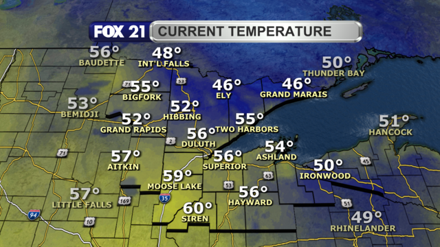 Temperatures in the Northland around 2 p.m. on October 6, 2024, range from 46 to 60 degrees.