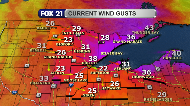 Wind gusts in the Northland around 2 p.m. on October 6, 2024, range from 23 to 38 mph.  Wind direction is primarily from the west/northwest.