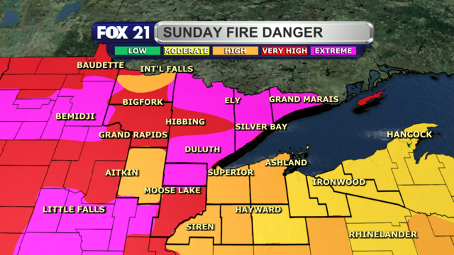 Fire dangers in the Northland for Sunday, October 6, 2024, range from moderate over the Upper Peninsula, to moderate/high over northwest Wisconsin, to high/very high/extreme in northeast Minnesota.