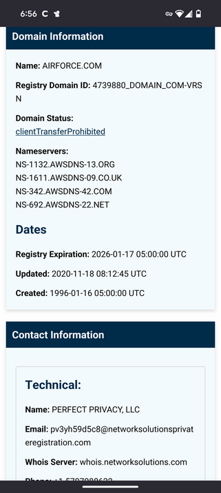 Screenshot of ICANN whois lookup for airforce.com taken Oct. 6, 2024. Site was created Jan 16, 2001. Contact info is Perfect Privacy, LLC. A DNS privacy service offered by the company Network Solutions. Go Daddy's Domains by Proxy is a competing service.