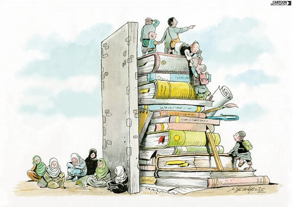 Cartoon divided in two parts by a wall. On one side of the wall, boys are climbing on top a stack of giant books to see in the distance. On the other side of the wall, girls have nothing, and sit despondently on the ground.